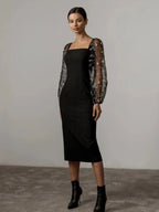 Isabella Boutique Evening and Party Dress with Square Neckline and Long Sleeves Premium Wardrobe Essential