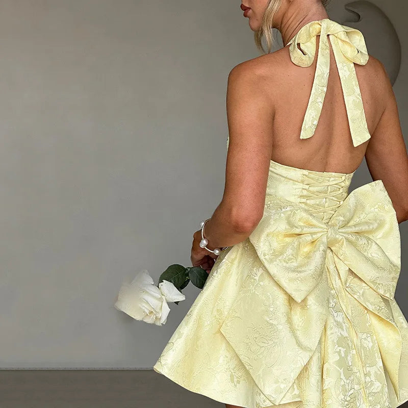Women's Bow Deep V Halter Backless A - line Dress