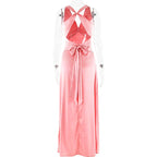 V Neck Sleeveless Satin Bow Backless Maxi Dress