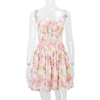 Flower Printed Open Back A - line Corset Mini Dress