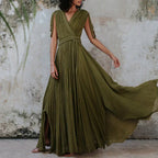 Solid Split Pleated Bandage Long Dress