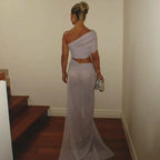 Mesh Backless One - Shoulder Long Dress
