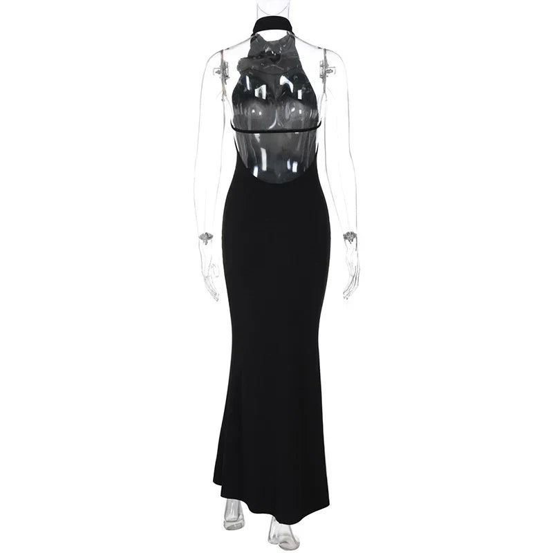 3D Flower Halter Backless Long Dress
