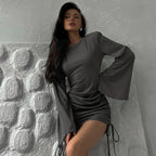 Flare Sleeve Drawstring Solid Mini Dress