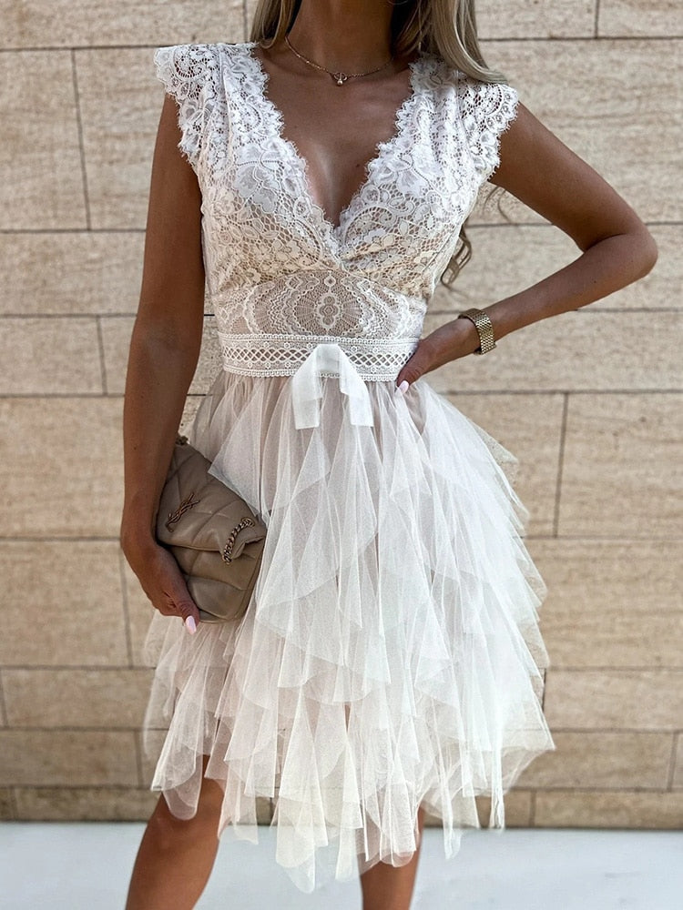 DressBetty - Lace Patchwork Asymmetrical White Dress Femme Sexy Sleeveless Slim Fit Party
