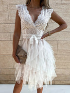 DressBetty - Lace Patchwork Asymmetrical White Dress Femme Sexy Sleeveless Slim Fit Party