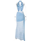Halter Deep V Neck Lace Sleeveless Long Dress