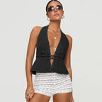 Denim Deep Vneck Backless Halter Laceup Cami Top