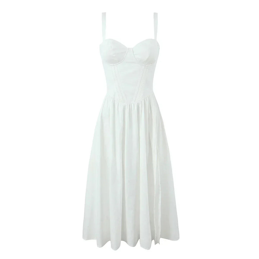 Wire Corset Style Low Waist White Midi Dress