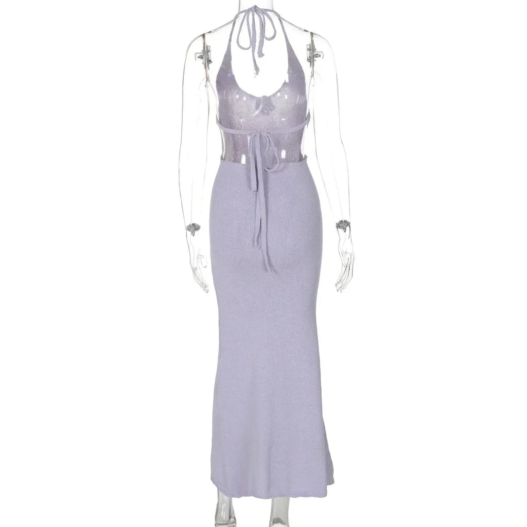 Floral Knit Hollow Out Lace - Up Maxi Dress