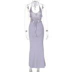 Floral Knit Hollow Out Lace - Up Maxi Dress