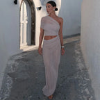 Mesh Backless One - Shoulder Long Dress