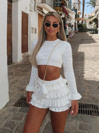 Ruffled Long Sleeve Cropped Pullover Two Piece Shorts Set