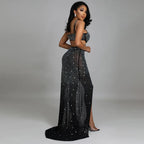 Spaghetti Strap Mesh Black Long Dress