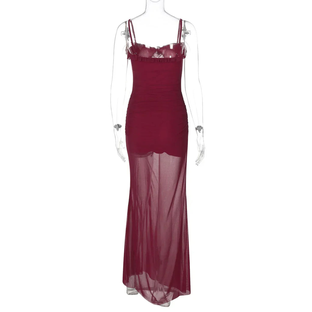 Mesh Patchwork Hollow Out Ruffled Long Dress