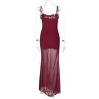 Mesh Patchwork Hollow Out Ruffled Long Dress