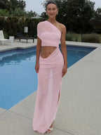 Mesh Backless One - Shoulder Long Dress