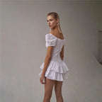 Pleated Puff Sleeve Ruffle V Neck Mini Dress