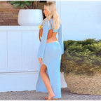 Knitted Hollow Out Solid O - neck Slit Maxi Dress