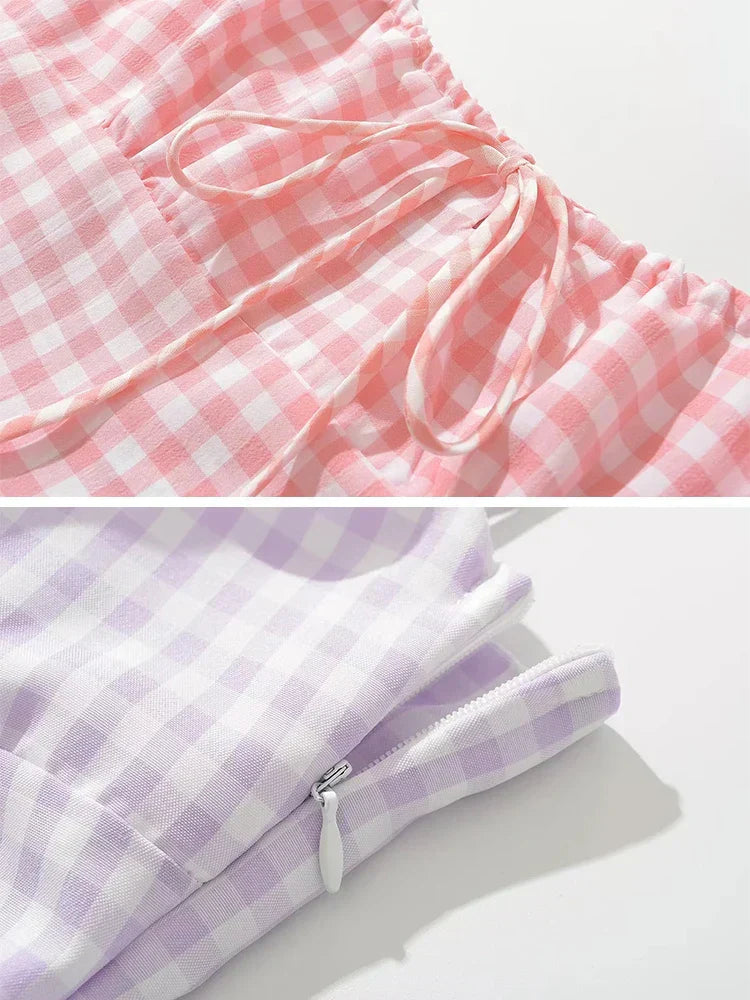 Spaghetti Strap Tie Up Plaid Pink Midi Dress
