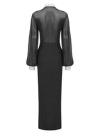 Lapel Mesh Patchwork Button Black Long Dress