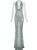 Sequins Crochet Halter Swinging Neck Long Dress