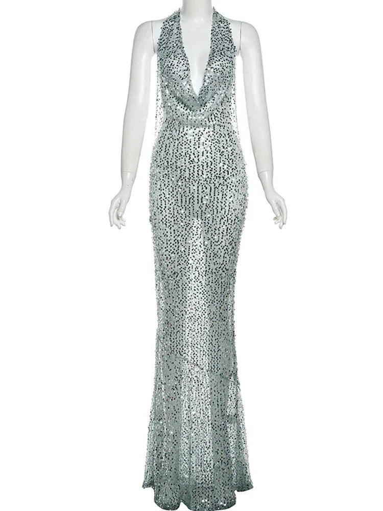 Sequins Crochet Halter Swinging Neck Long Dress