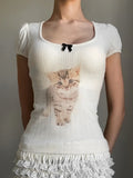 Cat Print Square Neck Slim Fit TShirt Crop Top
