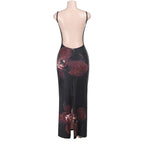 Printed Spaghetti Strap Backless Maxi Party Dress