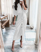 Button Ruched Printed Casual Short Sleeve Work Dress