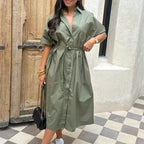 Lapel Tie Up Short Sleeve Single Breasted Long Work Dress