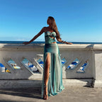 Printed Strapless Hollow Out Side Slit Long Dress