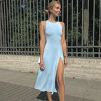 Knit Slit Solid High Waisted Vacation Dresses