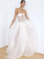 Strapless Mesh White A Line Maxi Long Dress