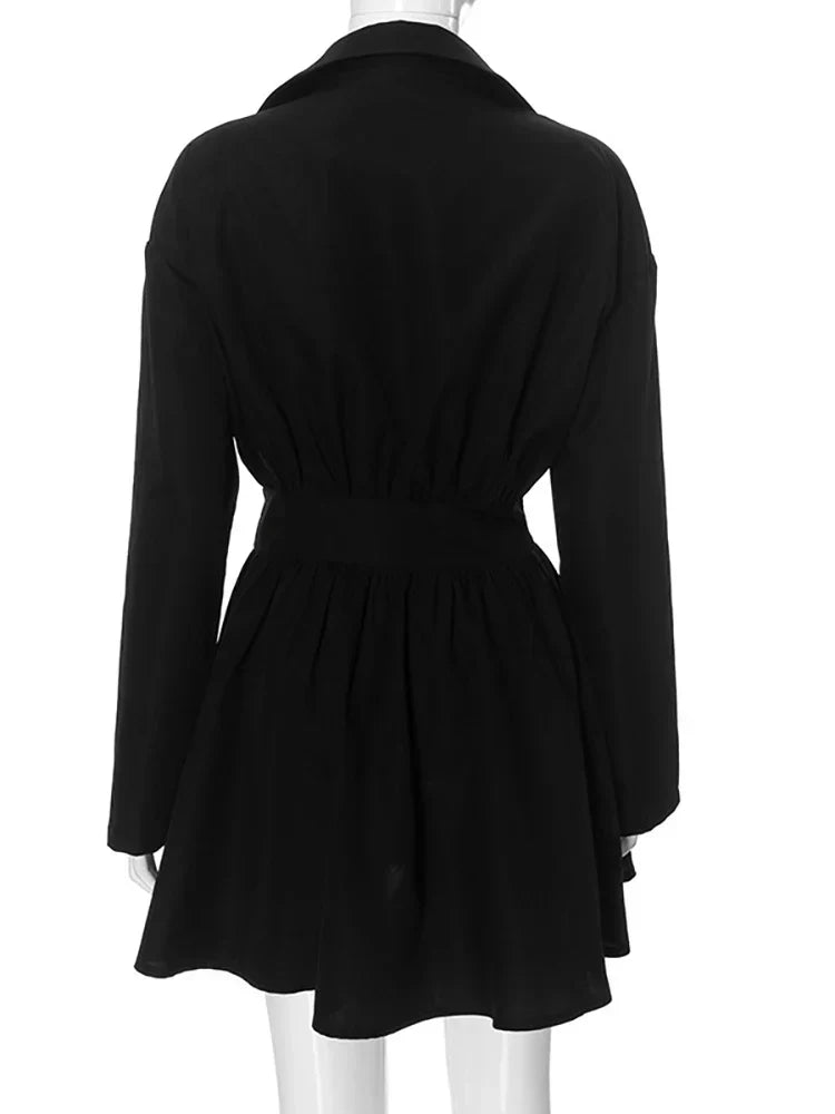 Turn - down Collar Pleated Mini Dress