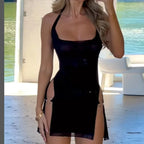 Black Onepiece Wrap Hip Slit Slim Halter Slip Dress