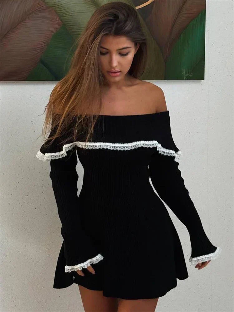 Knit Off Shoulder Sweater Mini Dress Women's Lace Patchwork Ribbed Slim Backless Elegant Party Dress Knitwear Mini Dress
