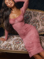 Square Collar Long Sleeve Midi Dress