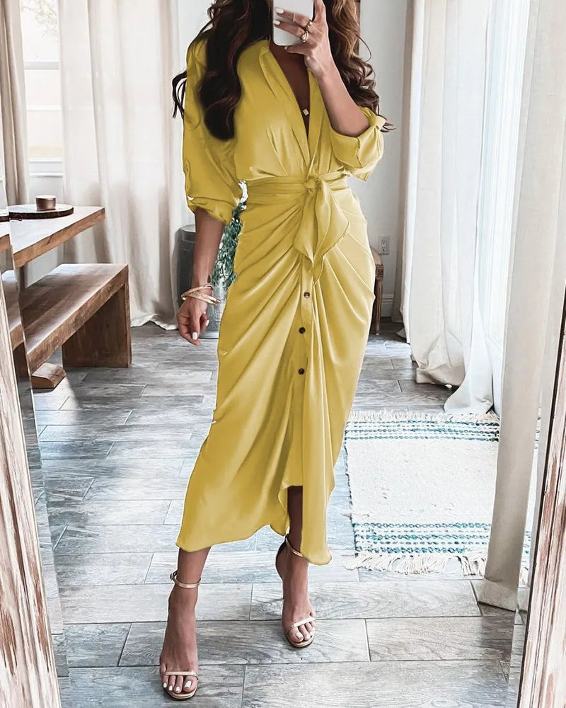 Button Ruched Printed Casual Short Sleeve Work Dress