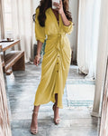 Button Ruched Printed Casual Short Sleeve Work Dress