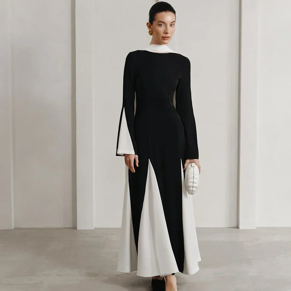 Ribbon Patchwork Pleated Long Dress