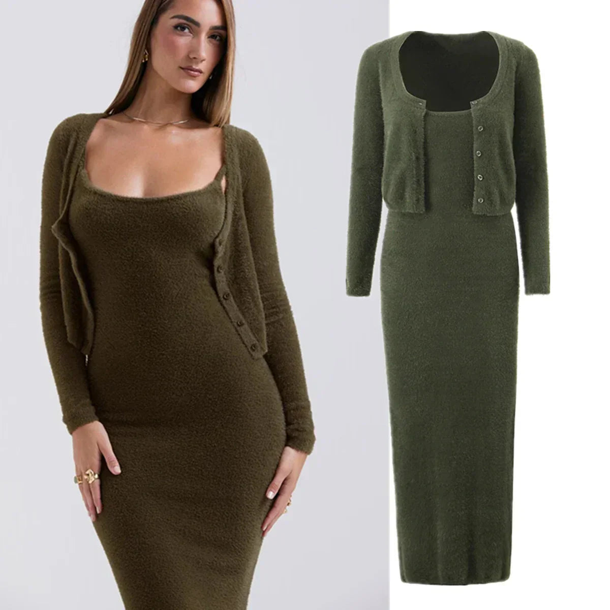 Knitted Cardigan With Camisole Dress Two - piece Set
