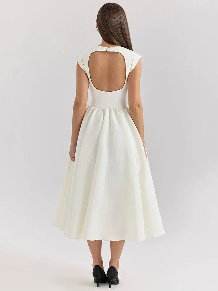 White Backless Solid Hollow Out Pleated Dress
