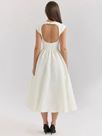 White Backless Solid Hollow Out Pleated Dress