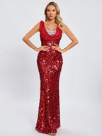 Swinging Neck Sequins Red Long Dress