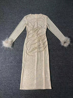 Long Sleeve Feathers Rhinestone Midi Dress