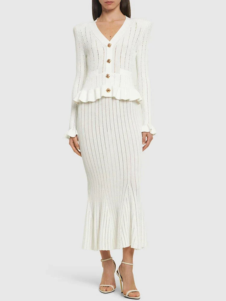 Ruffle Knitted Long Sleeve Mermaid Midi Dress
