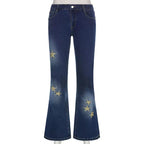 DressBetty - Star Printed Streetwear Vintage Low Waist Pockets Blue Denim Skinny Flare Jeans