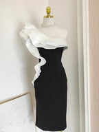 Diagonal Neck Patchwork Ruffles Folds Dress