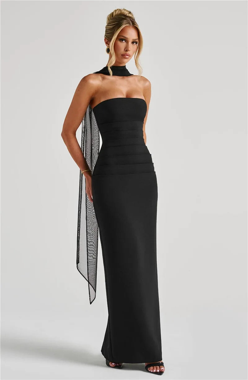 Scarf Collar Strapless Off - shoulder Long Dress